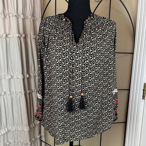 Women's Mason & Belle Black Floral Boho Print Blouse Tassel Tie Size Small
